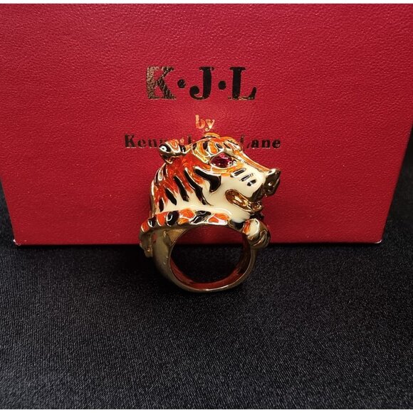 Vintage K.J.L By Kenneth Jay Lane Tiger Ring Gold-Tone Enamel - Picture 1 of 6